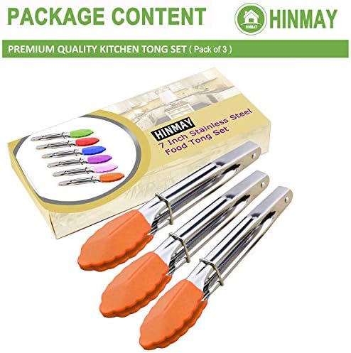 HINMAY 7-Inch Silicone Tipped Kitchen Tongs, Set of 3 (Orange) - Image 2