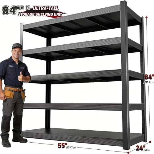 84" H 5-Tier Heavy Duty Storage Shelves, 3000LBS Capacity Adjustable Metal Industrial Garage Shelving Units,Freestanding Storage Rack for Shop and Warehouse, 84" H x 55" W x 24" D - Image 2