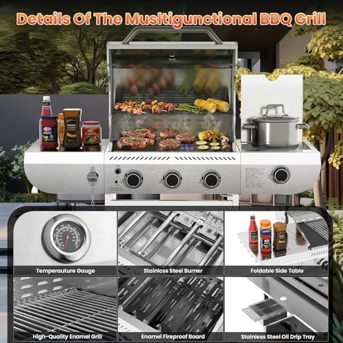 COWSAR Premium 3-Burner 34,000 BTU Propane Gas Grill with Side Burner - Image 2