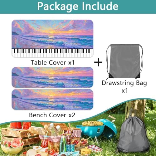 Piano Keyboard Picnic Table Cover with Bench Covers, Camping Essentials, Beach Seaside Sunset Purple Waterproof Windproof, Fitted Tablecloth Cover with Elastic Edge for Outdoor Garden 3 PCS 30x96 Inch - Image 6