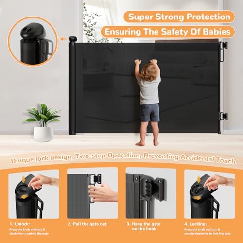 Retractable Baby Gate for Stairs 34" Tall Fits Up to 55" Wide Black - Image 3