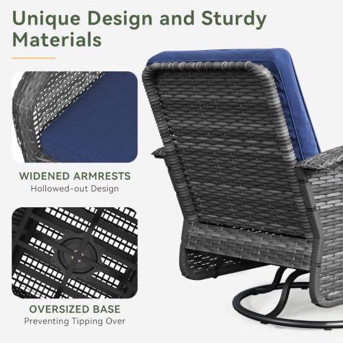 Aoxun 3 Pieces Patio Furniture Set, Swivel Rocker Chairs Set of 2, Navy - Image 4