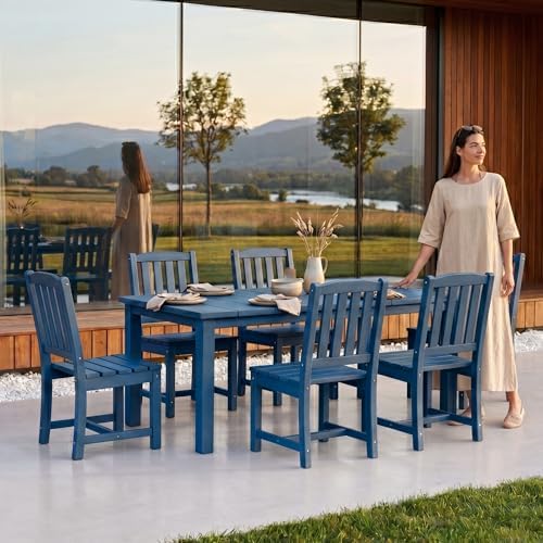 Perli™ 7-Piece Outdoor Dining Set, All-Weather HDPE Patio Table and 6 Chairs with Umbrella Hole, UV-Resistant Composite Wood Dining Furniture for Deck, Backyard, Poolside, Blue - Image 4