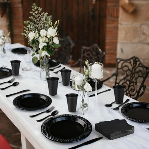 Kochorie 240 Pieces Black Plastic Dinnerware Set for 30 Guests Disposable Heavy Duty Plates Napkins Cups and Silverware Dessert Dinner Plates for Birthday Wedding Halloween Party Supplies - Image 6