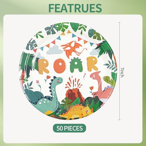50PCS Dinosaur Party Plates Birthday Decorations, 7Inch Dinosaur Theme Paper Dessert Plates Disposable Tableware Set for Birthday Baby Shower Party Supplies - Image 3