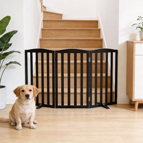 Freestanding Dog Gate Indoor,Doggie Gate Foldable Pet Gates for Doorways,Stairs or Hallways, Wooden Black Pet Gate for the House, Pet Fence with Support Feet Included,32 "Height-3 Panels - Image 2