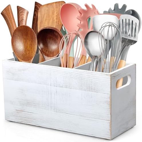 ALELION Rustic White Utensil Holder with Removable Divider - 3 Compartment Wooden Utensil Caddy Organizer for Kitchen Counter - Cooking Utensil Crock for Countertop by ALELION
