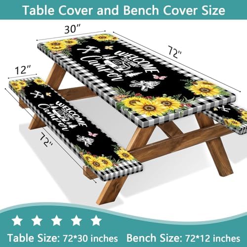Sunflower Plaid Picnic Table Cover with Bench Covers and Bag, Camping Essentials, Checkered Floral Waterproof Windproof, Fitted Tablecloth Cover with Elastic Edge, Garden & Outdoor, 3 PCS, 30x72 Inch - Image 2