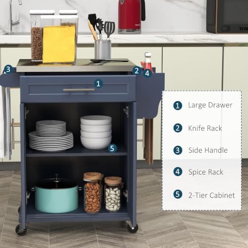 HOMCOM Kitchen Island on Wheels with Stainless Steel Countertop Deep Blue - Image 3