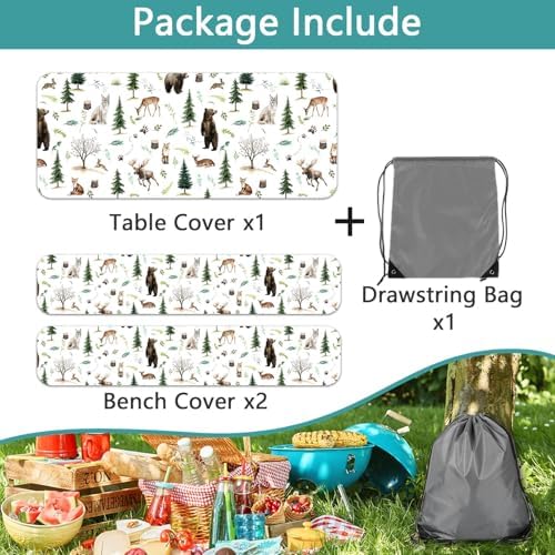 Picnic Table Cover with Bench Covers, Camping Essentials, Funny Rustic Woodland Animals Dear Beer Fox Table Cover Waterproof Fitted Tablecloth Cover with Elastic Edge for Outdoor 3 PCS 30x96 Inch - Image 7