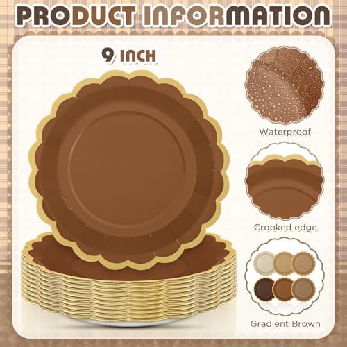 96 Pcs Brown Paper Plates 9 Inch Gradient Brown Scalloped Paper Disposable Dinner Dessert Plates for Birthday Wedding Bridal Party Supplies, 6 Colors - Image 3