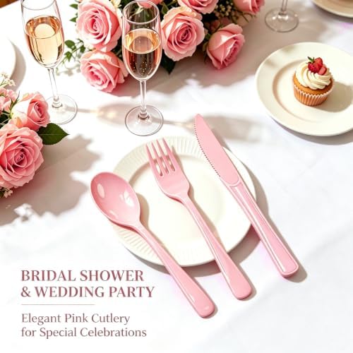 75 Pack Light Pink Heavy Duty Plastic Silverware Set, Disposable Knives, Forks & Spoons, 25 Sets for Birthday, Baby Shower, Camping, Picnic & Party - Image 7