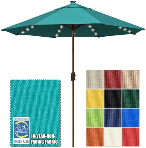 EliteShade USA 10-Year-Non-Fading 10ft Market Patio Umbrella, Commercial Grade Table Sun Umbrella with 80 Solar LED Lights, Crank Open, Windproof & UPF 50+ UV Protection for Garden, Deck, Pool, Backyard, No Tilt, Teal by EliteShade