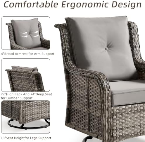 Wumiokio Patio Furniture Sets, Wicker Outdoor Furniture - 360 Degree Swivel Rocking Chairs and Rattan Side Table for Garden,Porch,Backyard (Grey Wicker/Grey Cushion, 5PCS - Swivel Chairs & Ottoman) - Image 4
