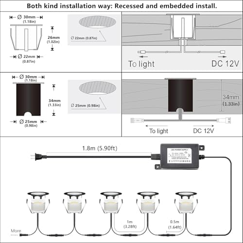 RNEHON Recessed LED Deck Lights Kits with Protecting Shell, Φ1.18in Cool White Low Voltage 12V IP67 Waterproof Outdoor Landscape Lighting for Yard Stair Step Patio Floor Kitchen Decoration (30Pack) - Image 7