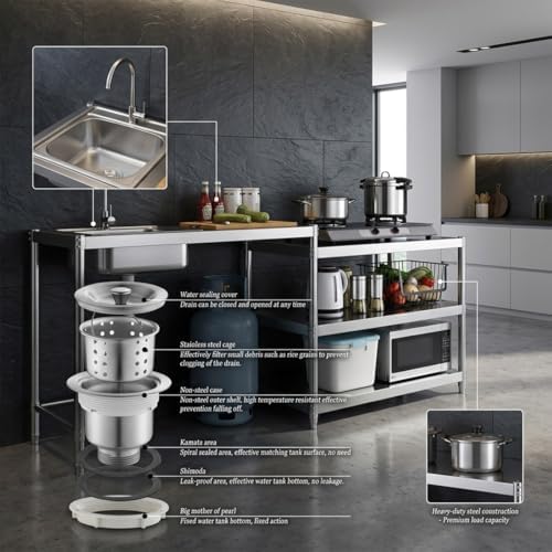 Stainless Steel Kitchen Prep Table with Sink, 3-Tier Multi-functional Washing Hand Basin Station, Utility Free-standing Work Table & Storage Shelves for Backyard BBQ, Garage, Garden - Image 6