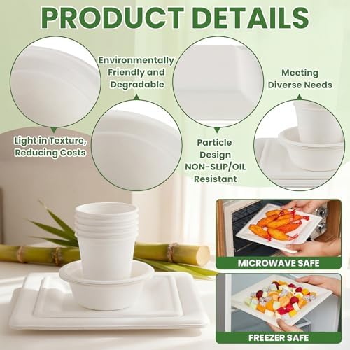 Havawish 100 Pcs Compostable Paper Plates and Bowls Set for 25 Guests, 10in & 8in Heavy Duty Sugarcane Disposable Plates 12 oz Biodegradable Cups and Paper Bowls, Party Camping Picnic(white) - Image 4