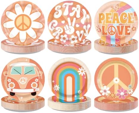 60Pcs Groovy Party Paper Plates 7" Disposable Heavy Duty Retro Hippie Boho Dessert Plates Daisy Flower Peace Love Theme Hippies Party Decoration for Summer 60s 70s Birthday Baby Shower Party Supplies by Greencian