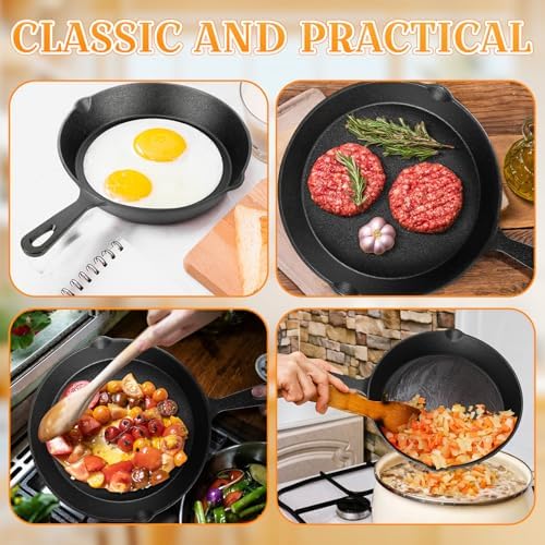 Vesici 3 Pcs Cast Iron Skillet Frying Pans with Drip-spouts Circle Non-stick Frying Skillet Omelette Pan Safe Healthy Cookware for Home Barbecue Kitchen Party Restaurant Catering Service (10.2 Inch) - Image 4