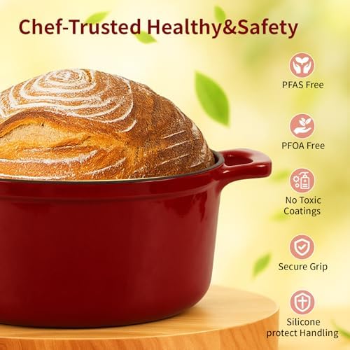Enamel Cast Iron Dutch Oven with Lid, Round Casserole Pot for Bread Baking, Braising, Roasting, and Stews, Heavy-Duty, Oven Safe, Induction Compatible (4.7QT,Red) - Image 6