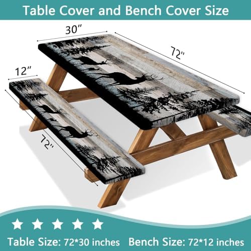 Forest Deer Picnic Table Cover with Bench Covers and Bag, Camping Essentials, Waterproof Windproof, Fitted Tablecloth Cover with Elastic Edge, for Indoor & Outdoor, Garden, 3 PCS, 30x72 Inch - Image 3