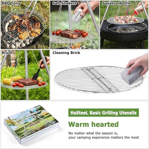 HaSteeL Campfire Tripod for Cooking, Stainless Steel Camping Tripod Grill for Outdoors Beach Backyard Firepit BBQ, Openfirer Stand Hanger with 17” Folding Rack & 6 Barbecue Tools, Adjustable Height - Image 6