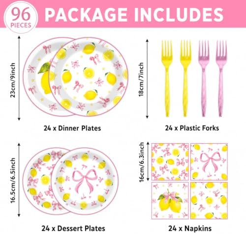 96 Pcs Pink Bow Lemon Party Decorations Pink Yellow Birthday Plates and Napkins Lemon Paper Plates Summer Disposable Tableware Set for Girls Women Bridal Baby Shower Wedding Supplies - Image 2