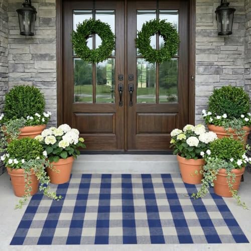 SEEKSEE Buffalo Plaid Rug 4' x 6' Blue and White Large Front Door Mat, Layering Area Rug, Summer Rug for Outdoor Patio Entryway Indoor Living Room Kitchen Dining Room Decor - Image 3