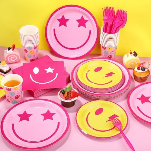 Kochorie 144 Pieces Preppy Smile Party Tableware Sets Including Disposable Plates Napkins Cups Forks Serves 24 for Smile Face Party Birthday Baby Shower Decor Party Supplies - Image 4