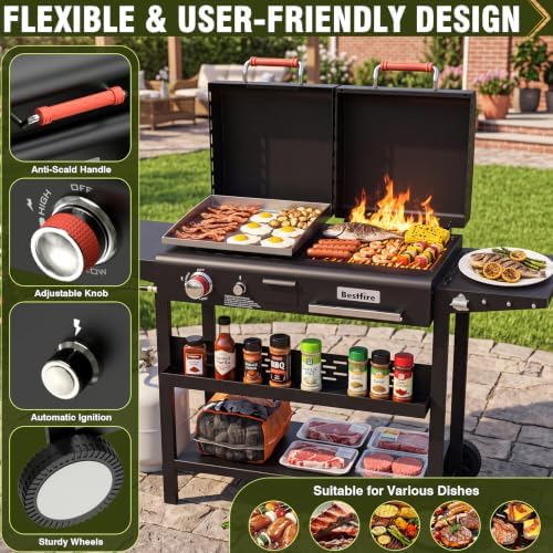 Bestfire Dual Fuel Gas & Charcoal Grill Combo, 327 Sq.In Propane Flat Top Griddle w/Cast Iron Griddle, Dual Lids, Side Shelves, Outdoor Griddle for Small Gatherings & Cookouts - Image 4