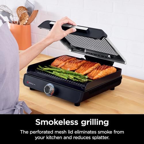 Ninja GR100 Sizzle Smokeless Indoor Grill with Nonstick Grill Plate, Dishwasher-Safe Removable Mesh Lid, 500F Max Heat, Even Edge-to-Edge Cooking, Black (Renewed) - Image 4
