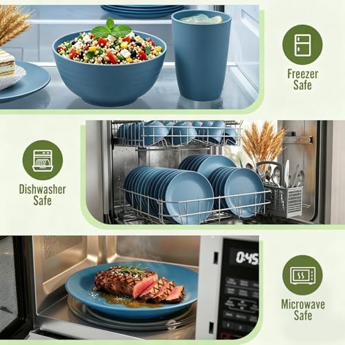 40-Piece Wheat Straw Dinnerware Sets,Unbreakable Dishes Set for 8 - Drinking Cups, Plates and Bowls Sets, Reusable Microwave Safe Dinnerware Set for Home, Outdooor, RVs - Blue - Image 6