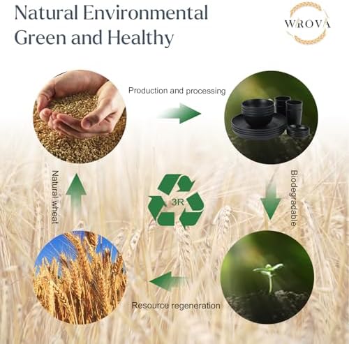 Wrova Wheat straw dinnerware sets of 16-10 inches plates,26oz bowls,2oz dipping bowls,12oz cups - Unbreakable plates and bowls sets microwave safe and dishwasher safe,service for 4. Black - Image 5