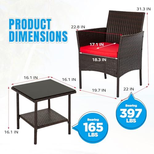 FDW 3-Piece Patio Furniture Set | Brown & Red | Outdoor Wicker Furniture - Image 7