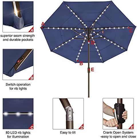 EliteShade USA 10-Year-Non-Fading 9ft 3-Tier Market Patio Umbrella, Commercial Table Umbrella with 80 Solar LED Lights, Crank Open, Windproof & UPF 50+ UV Protection for Garden, Deck, Pool, Backyard, Navy Blue - Image 5