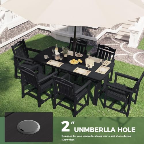 HDPE Outdoor Dining Set, Patio Table and 6 Chairs, 2" Umbrella Hole, Black - Image 5