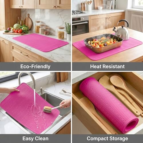 MicoYang Silicone Dish Drying Mat for Multiple Usage,Easy clean,Eco-friendly,Heat-resistant Silicone Mat for Kitchen Counter or Sink,Refrigerator or Drawer Liner Rose 3XL 28 inches x 18 inches - Image 4