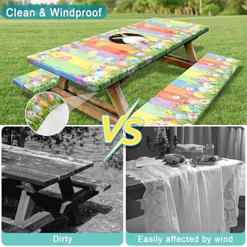 Easter Picnic Table Cover with Bench Covers, Cute Bunny Flower Colorful Wooden Board Camping Tablecloth, Waterproof Windproof, Fitted Tablecloth Cover with Elastic Edge, for Outdoor, 3 PCS, 30x72 Inch - Image 6