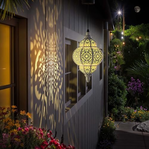 Hapjoy Hanging Solar Lights Outdoor Garden Decor Solar Lantern Waterproof Plastic Moroccan Outdoor Decorations for Patio Pathway Yard Backyard Garden Decorative (1, White) - Image 2
