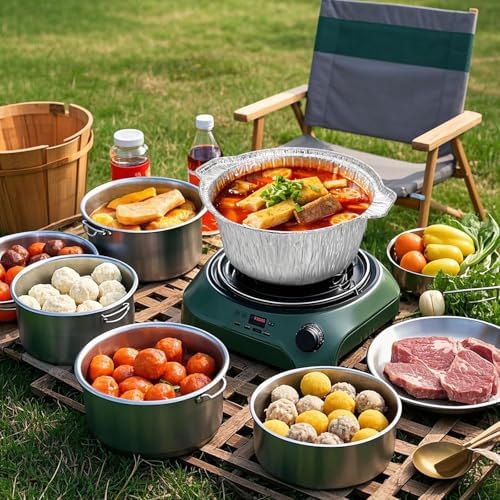 Frcctre 10 Pcs Disposable Aluminum Pot with LidS, Disposable 2 Liter Round Aluminum Foil Pan Food Container for Camping Vacation Trips Picnic Heating Cooking - Image 6