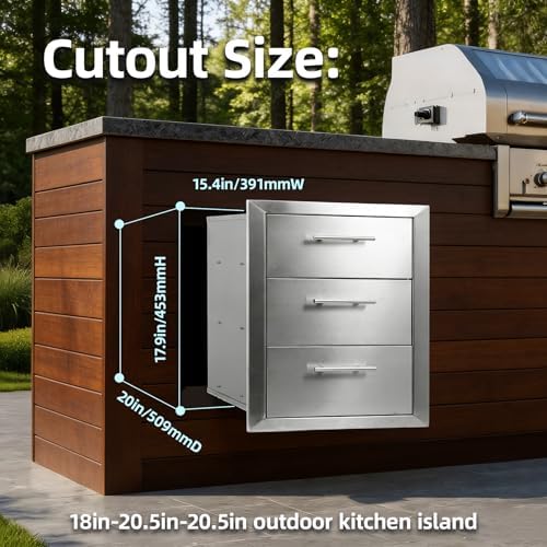 Outdoor Kitchen Drawers 18" x 20.5" x 20.5" Stainless Steel Triple Drawer Cabinet with Handles, Flush Mount Modular Storage for BBQ Islands & Patios - Image 2