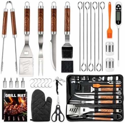 MUYFIO 32 Pcs BBQ Accessories, Heavy Duty Grill Accessories, 16 in, Stainless Steel Grill Set with Case, Thermometer, BBQ Tools for Outdoor Grill Camp Cook, Grill Gifts for Men, Women by MUYFIO