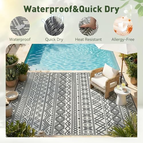MontVoo Outdoor Rug Carpet Waterproof 9x12 Outdoor Patio Rug Mat Reverisble Plastic Straw Outdoor Rug for RV Camping Picnic Beach Balcony Boho Grey Large - Image 3