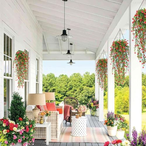 RECUTMS Artificial Hanging Plants Faux Hanging Vine Red Flowers Fake Plants - Image 6