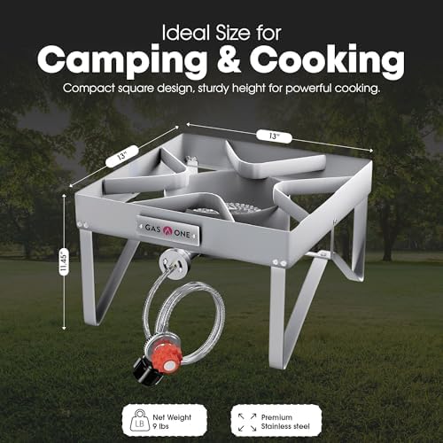 GasOne Stainless Steel Outdoor Propane Burner – High Pressure Camp Stove with Adjustable Regulator & Steel-Braided Hose - Image 3
