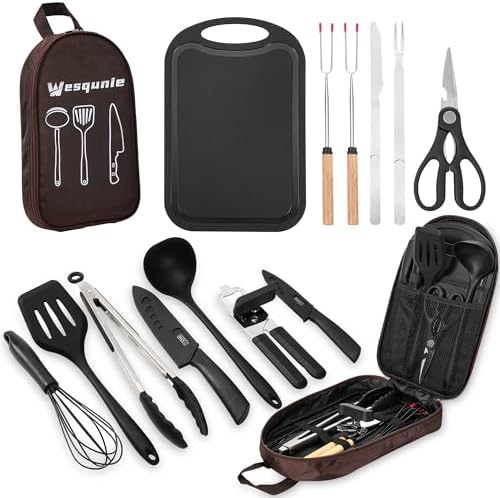 Camping Essentials Cookware Cooking Utensils Set - Portable Camp Kitchen Mess Kit Outdoor Accessories, Stainless Steel & Silicone, Camping Gear Equipment for RV Picnic Grill, Brown by WesqunieOutdoorAccessories