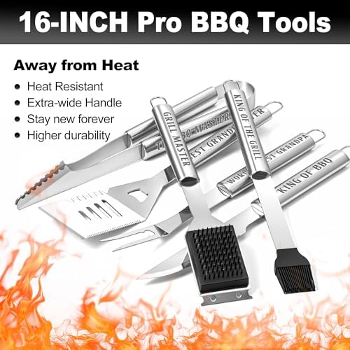 Grandpa Gifts, Fathers Day Grandpa Gifts from Grandkids Heavy Duty Grilling Accessories Kit for Backyard BBQ, Thick Stainless Steel Grill Utensils with Non-Slip Handle Tool on Birthday, Christmas - Image 3
