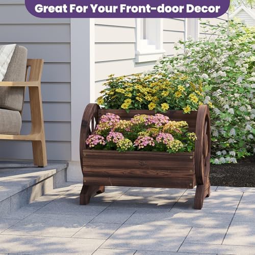 Wooden Wagon Planter Flower Cart Farm Stand Garden Decor Planter for Outdoor Patio Balcony Decoration,Rustic Farmhouse Wishing Well Decor Succulent Planter Indoor Backyard (Carbonized) - Image 4