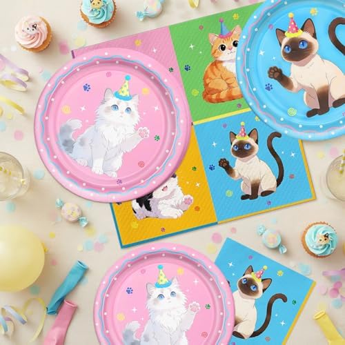 40pcs Cute Cat Birthday Party Supplies Colour Cat Plates and Napkins for Girl Kitten Baby Shower Pet Lover Gifts Decorations,Suitable for 20 Guests - Image 5