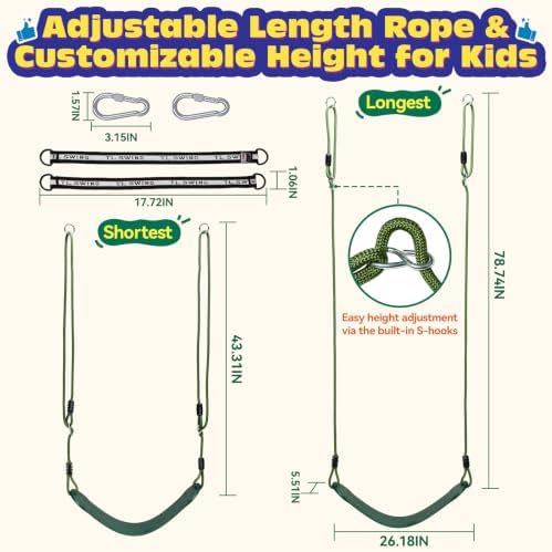 HeyZoo 2 Pack Heavy Duty Kids Swing Seat 330LBS, 79" Adjustable Rope, Green - Image 2